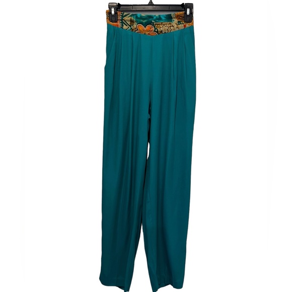 Vintage 80s 2 Piece Set Top Pants Teal Hawaiian Print Trim High Waisted Pleated - Picture 3 of 15